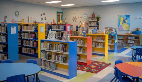 library-with-blue-chair-table-with-books-it