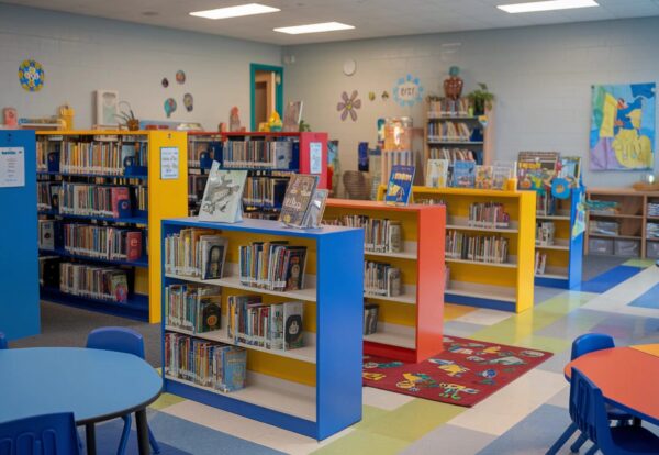 library-with-blue-chair-table-with-books-it