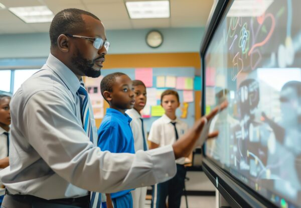 A teacher is using an interactive whiteboard in a classroom. The students are looking at the board and paying attention. The teacher is smiling.