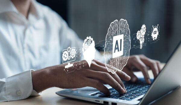 Human interact with AI artificial intelligence brain processor in concept of AI artificial intelligence engineering, big data and AI machine learning to use generative AI for business support. Faas