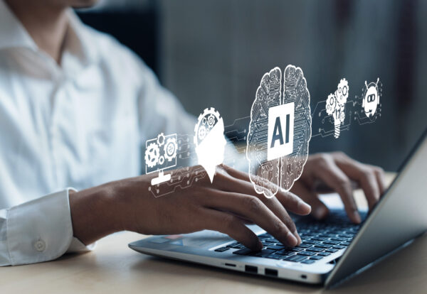 Human interact with AI artificial intelligence brain processor in concept of AI artificial intelligence engineering, big data and AI machine learning to use generative AI for business support. Faas